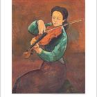 12; Gemälde einer Frau mit Geige, weiche Pinselstriche, rötlich-brauner Hintergrund, grünes Oberteil.