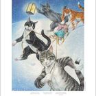 Ein Gedicht: „Schlittn vorm Haus, Steig ein, kleine Maus...“ Vier Katzen ziehen eine Maus auf einem Schlitten im Schnee.