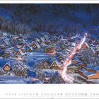 Im Zentrum ist eine verschneite Winterlandschaft mit beleuchteten Häusern. Unten Kalender mit Dezember-Daten und Feiertagen.