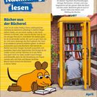 Text: Welt­tag des Bu­ches. Am 23. April ist der »Welt­tag des Bu­ches«. Eine gelbe Telefonzelle ist als Bücherei umgestaltet.