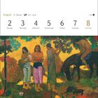 Kalender: August, 31. Woche, Montag 2, Sonntag 8. Darunter Gemälde von Personen und Pferd in tropischer Umgebung.