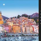 Stadt der Zitronen. Beschreibung von Menton, Frankreich, mit Kirche Saint-Michel. Datum: Donnerstag, 11. März.