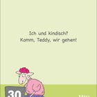 "Ich und kindisch? Komm, Teddy, wir gehen!" Eine Illustration: Ein Schaf in Pullover sitzt am Laptop, Datum 30. März Dienstag.