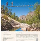 "Frankreich, Mittelmeer | Korsika. Auf dem GR 20. Länge/Gehzeit: 180 km/16 Etappen. Höhe: ±12.500 m. Ziel: Conca."

Zwei Wanderer auf einer Hängebrücke in Berglandschaft.