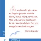 "Ich weiß nicht viel..." - Zitat von Clarice Lispector. Links steht "Juni 5" mit "SAMSTAG". Illustration mit einer Möwe.