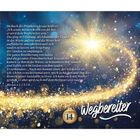 Textausschnitt mit Markus 1,2.3.5-7.8. Funkelnder, goldener Hintergrund und stilisierte Schrift "Wegbereiter".