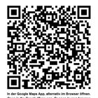Text: "In der Google Maps App, alternativ im Browser öffnen." Ein QR-Code mit schwarzen und weißen Quadraten.