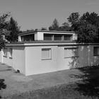 Das Foto zeigt ein modernes, flaches Haus mit klaren Linien, umgeben von Bäumen und schattierten Flächen.