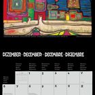 Illustration mit bunten Häusern. Oben steht: Dezember. Kalender darunter mit markierten Feiertagen und Notizen in mehreren Sprachen.