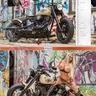12 Dezember. Eine Harley-Davidson steht vor einer mit Graffiti besprühten Wand. Eine Frau posiert neben dem Motorrad.