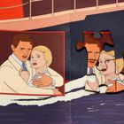 Illustration eines Paares auf einem Schiff; Mann und Frau in Weiß, Puzzle-Teil, Ozeanhintergrund.