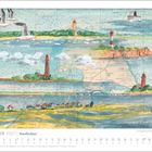 Dezember 2027, Nordlichter. Kalender mit Illustrationen von Leuchttürmen, Möwen und einem Schiff auf einer Seekarte.