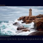 11 November. Stürmische See trifft auf Felsenküste. Ein Leuchtturm steht auf Felsen im Hintergrund. Kalenderdarstellung.