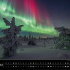 Nordlichter erstrahlen am Nachthimmel über einer verschneiten Landschaft mit gefrorenen Bäumen, darunter ein Kalender.
