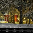 Text: "Schweden 12", "Alte Kirche im Samenort Jokkmokk". Verschneite Waldszene bei Nacht mit rotem Holzgebäude, beleuchtet.