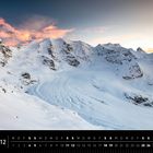 Text: "Schweiz 12", "Diavolezza in Graubünden". Schneebedeckte Berge unter einem Himmel mit rosa Wolken bei Sonnenuntergang.