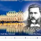 Text: "Strauss-Stadt Wien, Österreich" und "Strauss City Vienna, Austria". Illustration von Johann Strauss vor beleuchtetem Schloss. 