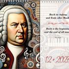 "Bach ist Anfang und Ende aller Musik." Zitat von Max Reger. Illustration von Bach mit verschnörkelten Mustern und Noten.