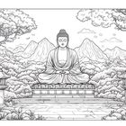 Eine Illustration zeigt eine Buddha-Statue sitzend auf einem Podest, umgeben von Bäumen und Bergen.