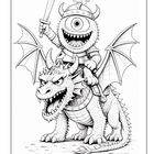 Ein einäugiges Monster mit Helm reitet einen geflügelten Drachen, Schwert erhoben, in fröhlicher Pose. Schwarz-weiß Illustration.