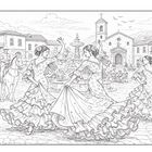 Eine detailreiche Illustration mit tanzenden Flamenco-Tänzerinnen in einem lebhaften Dorfplatz mit Reitern im Hintergrund.