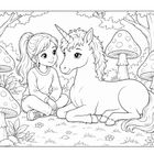 Keine Texte vorhanden. Eine Illustration zeigt ein Mädchen und ein Einhorn, umgeben von großen Pilzen und Bäumen.
