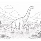 Illustration von Dinosauriern in einem Fluss, umgeben von Pflanzen und Bergen, mit Wolken am Himmel.