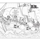 Piratenillustration: Schiff mit Schädel- und Knochen-Segeln, Kanonen feuern, Piraten mit Schwertern auf hoher See.