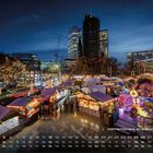 Weihnachtsmarkt am Breitscheidplatz, Kalenderblatt mit Lichtern, Buden und einem Riesenrad bei Dämmerung.
