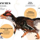 DEINONYCHUS: Beschreibung eines wendigen Dinosauriers mit Gefieder. Illustration mit Texten über seine Eigenschaften und Entdeckung.