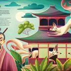 "KITSUNE" und ein Text über schlaue, magische Füchse. Illustration von einem Mann mit Stab und springenden Füchsen bei einem Haus.