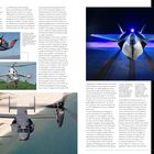Texte beschreiben verschiedene Flugzeuge: Entwicklung, Einsatz, Kapazitäten. Bilder von Flugzeugen in Flugposition und am Boden.