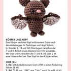 Text: "FLEDERMAUS". Anleitung für Körper, Kopf und Ohren. Gehäkelte Fledermaus mit braunem Garn, rosa Hintergrund.