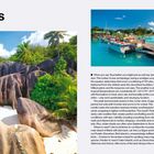 „Seychelles“, „OCTOBER-NOVEMBER“, „AWESOME UNDERWATER“. Tropische Küste mit Palmen und Felsen, türkisfarbenes Wasser.