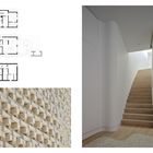 Links oben: Architekturpläne. Rechts: Holztreppe in modernem, minimalistischem Raum. Unten links: Texturierte Steinstruktur.
