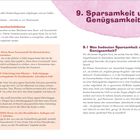 9. Sparsamkeit und Genügsamkeit. Themen: Baumkurse, Buchtipps. Text über Bedeutung von Sparsamkeit für verschiedene Generationen.
