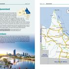 Text: Queensland. Übersicht. Highlights. Fremdenverkehrsbüro: www.queensland.com. Karte der Region. Bild von Brisbane.