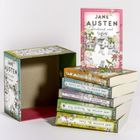 „Jane Austen Sammlung, z.B. 'Verstand und Gefühl'. Sieben Bücher mit floralen Covern, bunte Buchbox links.