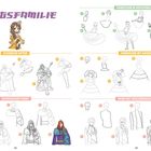 Titel: "KÖNIGSFAMILIE" in lila. Über einer Comicfigur in gelbem Kleid sind Anleitungen zum Zeichnen von Figuren verteilt.