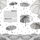 Text beschreibt Balis Klima: Regen- und Trockenzeit, Temperaturen 30-32°C. Illustration von Regenschirmen mit Mustern und Tropfen.