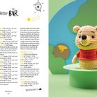 Linke Seite: Häkelanleitung für "Netter Bär". Rechte Seite: Häkelbär mit Sprechblase "Ich bin 10 cm groß!".