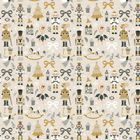 Illustration mit Nussknackern, Tänzerinnen, weihnachtlichen Bäumen, Schleifen und Vogelpaaren in Festkleidung.