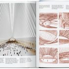 Texte beschreiben das Oculus im World Trade Center Hub. Sechs Zeichnungen daneben, Architektur von Santiago Calatrava.