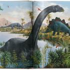 Eine Illustration zeigt Dinosaurier in einer prähistorischen Landschaft mit Pflanzen, Wasser und einem blauen Himmel.
