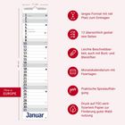 Kalender im langen Format, 49 x 11 cm, Januar. Merkmale: viel Platz, 12 Seiten, Feiertage, beschreibbar, Spiralaufhängung.