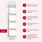 Ein vertikaler Wandkalender im Januar-Layout mit grauen Feldern. Rechts Schlagworte: Platz, Seiten, Beschreibbarkeit, Feiertage.