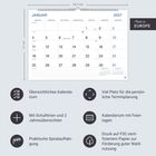 Kalender für Januar 2027 mit Feiertagen, Schulferien, Spiralaufhängung und Notizbereich. "Made in Europe" hervorgehoben.