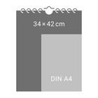 Illustration eines Wandkalenders mit den Maßen "34 × 42 cm", daneben "DIN A4", Spiralbindung oben.