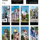 Hundertwasser Architektur 2027. Verschiedene farbenfrohe Gebäude mit unregelmäßigen Formen und viel Grün.