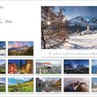 "Faszination Südtirol." Ein Kalender mit verschiedenen Landschaftsbildern aus Südtirol, Schnee, Berge, Blumenwiesen, Dörfer.